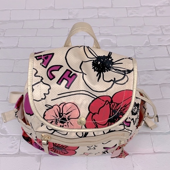 Coach Poppy Floral Fabric backpack Gold pink Medium Drawstring Adjustable Rare - Picture 6 of 17